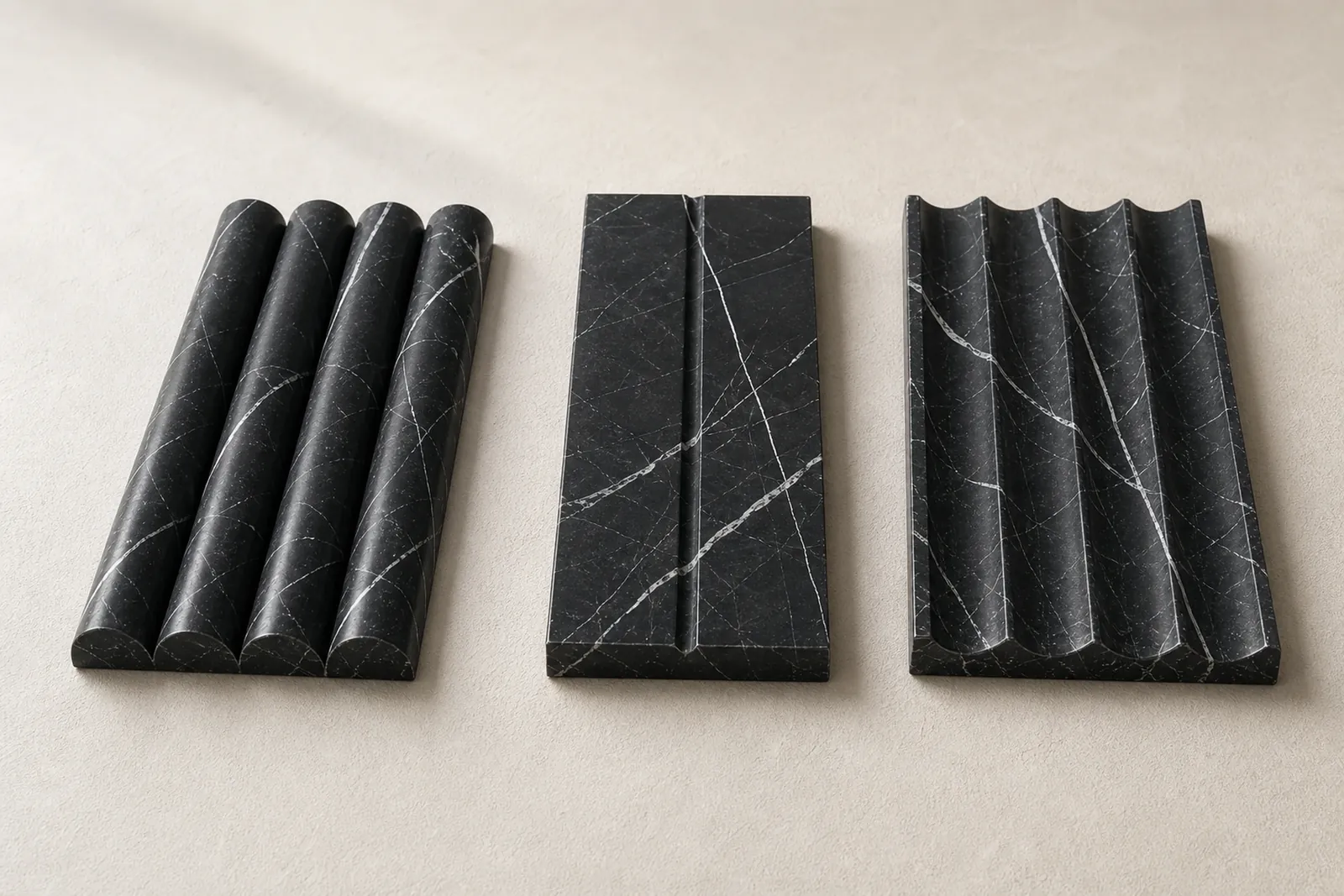 保加利亚灰弧形线条、平面拉槽与内凹拼接工艺样板
